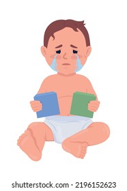 Crying baby with toy blocks semi flat color vector character. Editable figure. Full body person on white. Sadness simple cartoon style illustration for web graphic design and animation