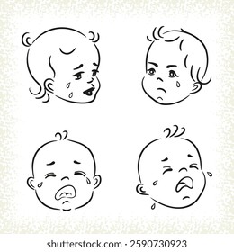 Crying baby vector doodle illustration. Sad kids, set of doodle faces of babies