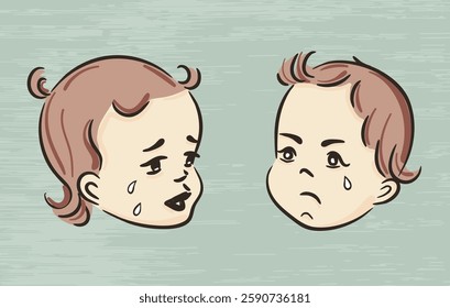 Crying baby vector illustration. Set of sad kids faces