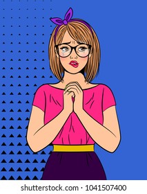 Crying beautiful pop art style woman with glasses on blue dotted background, vector illustration