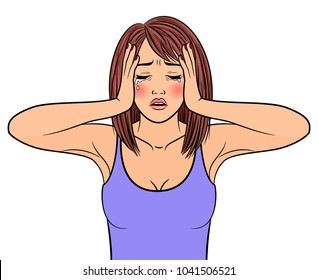 Crying beautiful woman holding head with her hands on white background, vector illustration