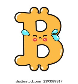 Crying Bitcoin Sign character. Vector hand drawn cartoon kawaii character illustration icon. Isolated on white background. Sad Bitcoin Sign character concept