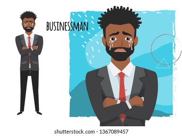 Crying black african american businessman. Negative emotion facial expression feeling. Businessman is sad crying