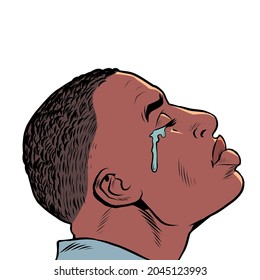 A Crying Black African American Man, Sad Mood, Sadness. Human Emotions