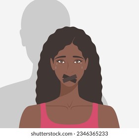 Crying black woman with taped mouth and male shadow behind. Flat vector illustration