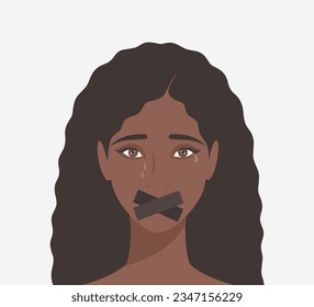 Mujer negra llorando con la boca pegada. Ilustración vectorial plana