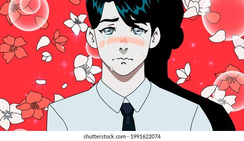 Crying black-haired young man in anime style. A scene with falling sakura flowers and a male character.