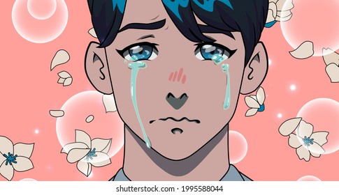 Crying black-haired young man in anime style. A scene with falling sakura flowers and a male character. svg