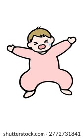 Crying blonde haired baby wearing a pink onesie on white background.