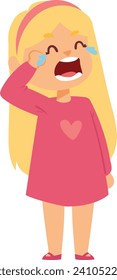 Crying blonde little girl in pink dress wiping tears. Upset child, emotional distress, unhappy preschooler vector illustration.