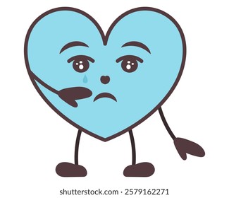 Crying blue heart shape character. Young man in love symbol shape. Sadness on face, tears dripping from eyes, wiping tears with hand. Color vector illustration. Isolated white background. Kawaii style