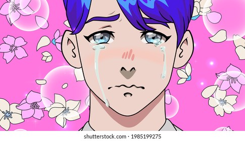 Crying blue-haired young man in anime style. A scene with falling sakura flowers and a male character. svg