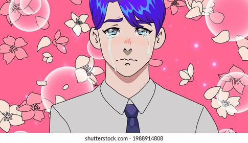 Crying Blue-haired Young Man In Anime Style. A Scene With Falling Sakura Flowers And A Male Character.