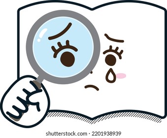 A crying book with a magnifying glass