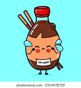 Crying Bottle of soy sauce character. Vector hand drawn cartoon kawaii character illustration icon. Isolated on blue background. Sad Bottle of soy sauce character concept