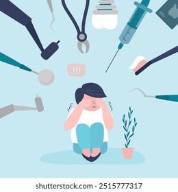 Crying boy afraid of dentist. Frightened patient child experiencing panic attack in office of dental clinic. Unhappy child sitting under various orthodontic and dental instruments. vector illustration