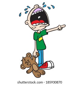 crying boy with bear toy cartoon