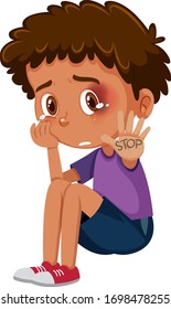 Crying boy with bruises saying stop on white background illustration