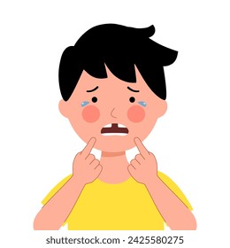 Crying boy child missing tooth in flat design on white background. Dental problem.