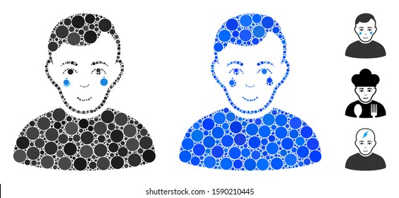 Crying boy composition of round dots in different sizes and shades, based on crying boy icon. Vector round dots are composed into blue collage. Dotted crying boy icon in usual and blue versions.