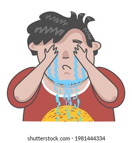 The crying boy covered his eyes with his palms. Crying boy in cartoon style. The man is depressed. Stress in children. Vector illustration in cartoon style