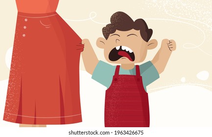 Crying boy demands something from the mother, grabbing her skirt. Young children having trouble with their feelings. Child tantrum and toddler anger parenting problems. Childish behaviour strategies.