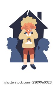 Crying Boy Due To Arguing Parents Vector Illustration