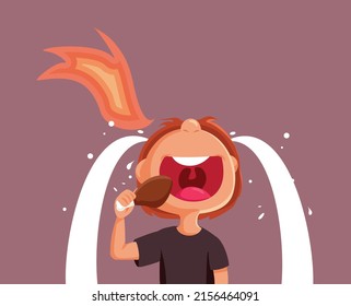 Crying Boy Eating Spicy Chicken Vector Cartoon Illustration. Unhappy child hating piquant meal from fast food restaurant
