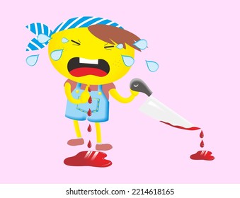 Un chico lloroso es herido por un cuchillo, sangrando en el piso. Ilustración vectorial