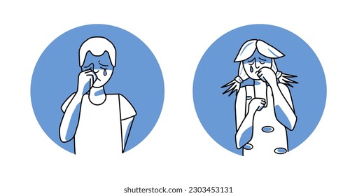Crying boy and girl with emotion of melancholy circle icon, facial expression with gestures. Teenagers in sadness, expressing melancholy feelings. Blue vector illustration.