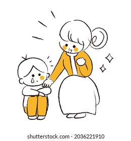 A crying boy and his mother encouraging him.