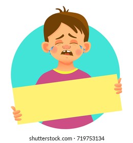 Crying boy holding blank poster. Blank message vector illustration. Hands holding blank paper