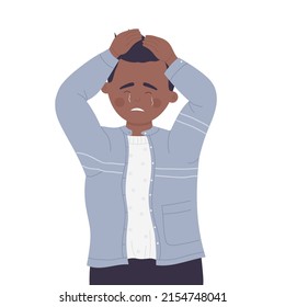 Crying boy holding his head. Upset and depressed kid, sadness and anxiety feeling vector illustration