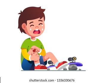 Crying Boy Kid Fallen Off Skateboard. Child Skater Cartoon Character Holding Painful Wounded Leg Knee Scratch & Bruise With Blood Drips. Childhood, Injury & Extreme Sports. Flat Vector Illustration