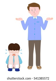 A crying boy and the man who is puzzled.