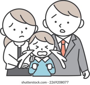 Crying boy and parents worried about him.
Illustration of elementary school son and parents.