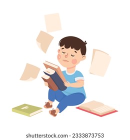 Crying boy sitting on floor with books scattered around him. Stressed kid. Conflict at school, bullying, intimidation of weak cartoon vector illustration