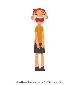 Crying Boy Standing with Bowed Head, Cute Sad Child in Shorts and Tshirt Vector Illustration