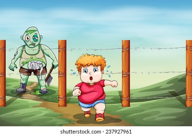 A crying boy who is afraid of a zombie