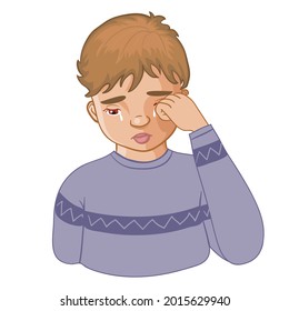 Crying boy wipes the tears from his face with hand, vector image, eps10