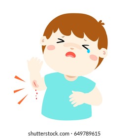 Crying boy with wounds from accident vector illustration.