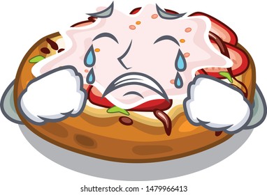 Crying bread bruschetta above cartoon wooden table