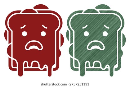 Crying breakfast bread character, dripping fruit jam, emotional food doodle, outline art