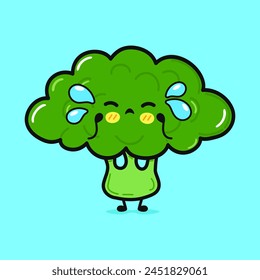 Crying Broccoli character. Vector hand drawn cartoon kawaii character illustration icon. Isolated on blue background. Angry cute Broccoli character concept