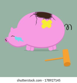 Crying Broken Piggy pain, money loose concept