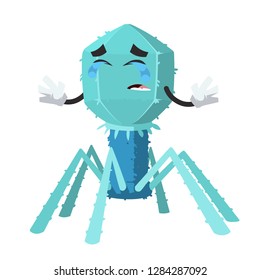 Crying cartoon bacteriophage cell mascot on white background isolated