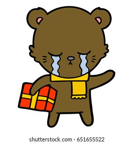 crying cartoon bear with present
