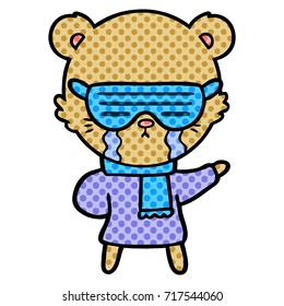 crying cartoon bear wearing rave sunglasses