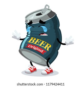 Crying cartoon beer in an aluminum can mascot on white background