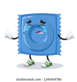 Crying cartoon blue condom pack mascot on white background